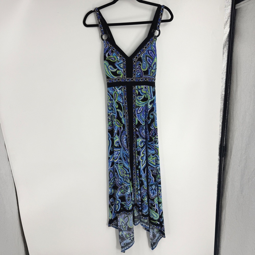 INC International Concepts Blue Paisley Print Maxi Dress L y2k Sharkbite Hem 90s